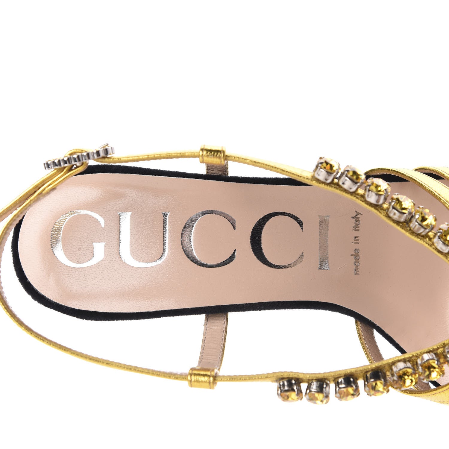 Gucci Velvet Nappa Crystal Zephyra Slingback Platform High Heel Sandals 37 Black Gold 7 of 9