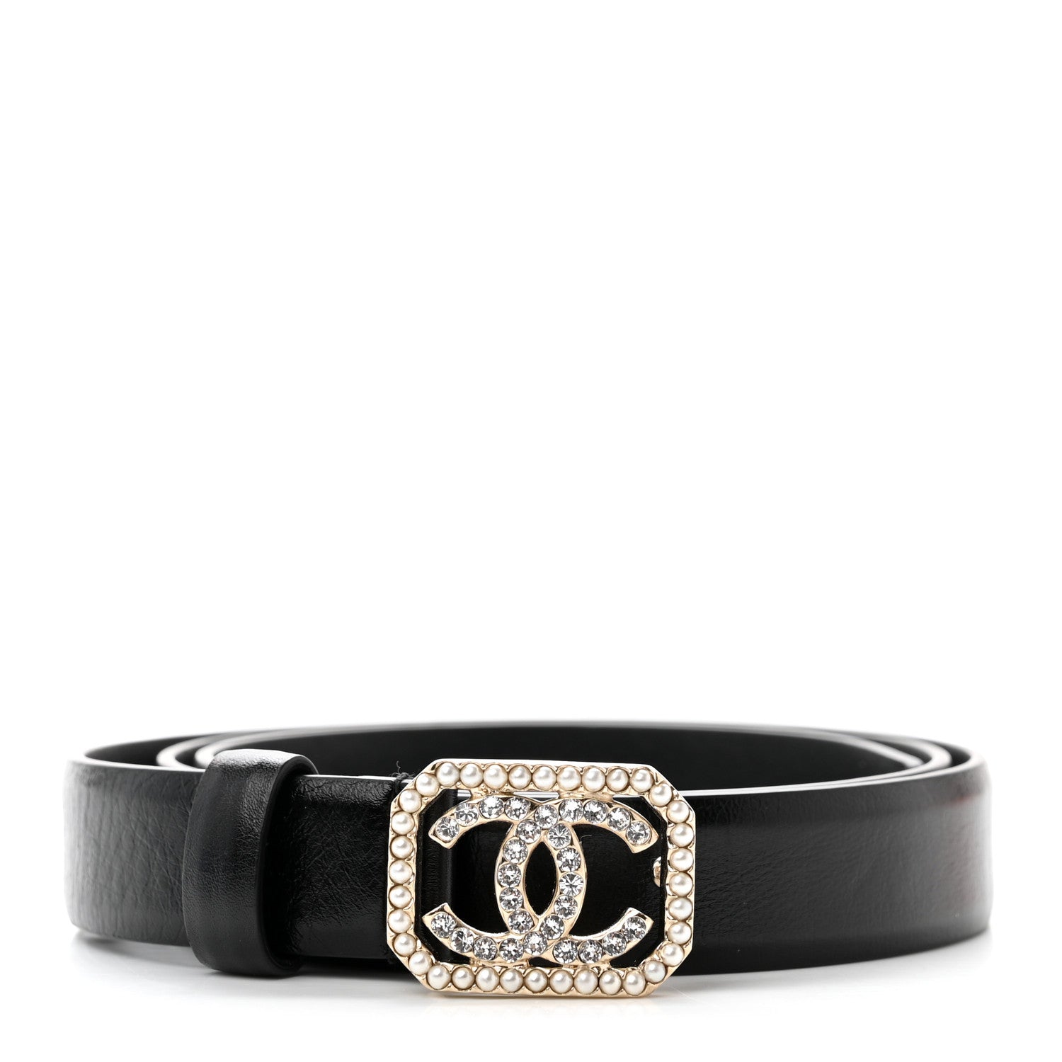 Chanel Calfskin Crystal Pearl CC Vendome Belt 75 30 Black 1 of 7