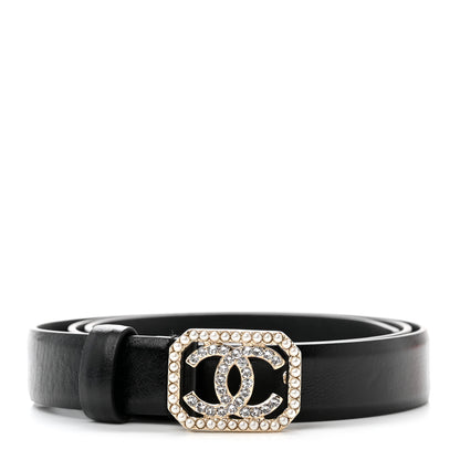 Chanel Calfskin Crystal Pearl CC Vendome Belt 75 30 Black 1 of 7