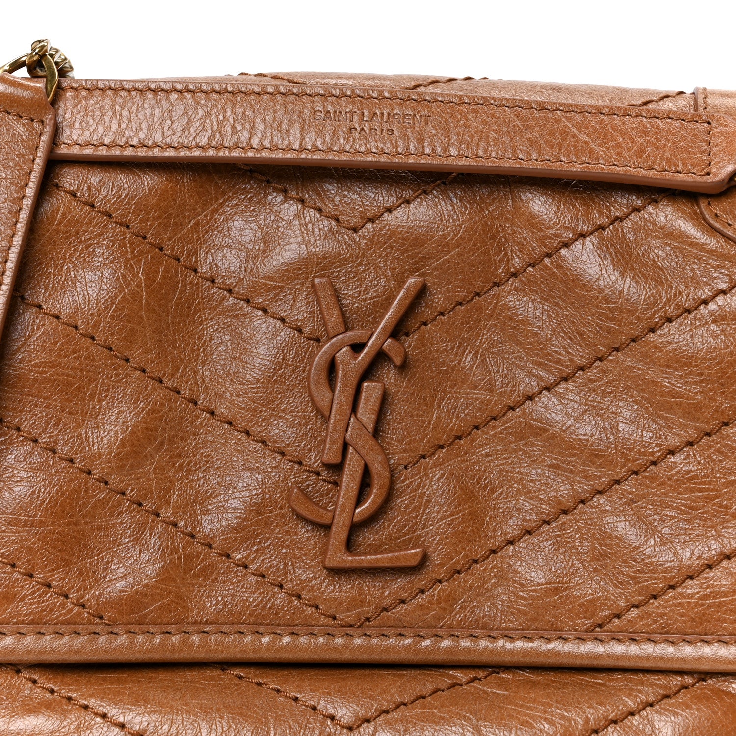 Saint Laurent Crinkled Calfskin Matelasse Monogram Baby Niki Chain Satchel Light Caramel 8 of 10