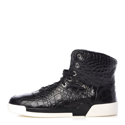 Chanel Calfskin Crocodile Embossed Mens Cocodile High Top Sneakers 42 Black 1 of 11