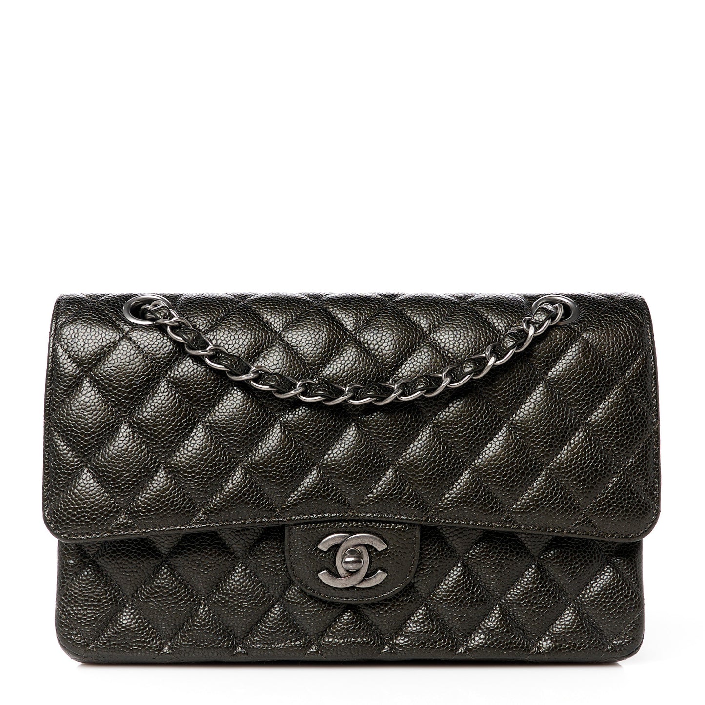 Metallic Caviar Quilted Medium Double Flap Dark Charcoal