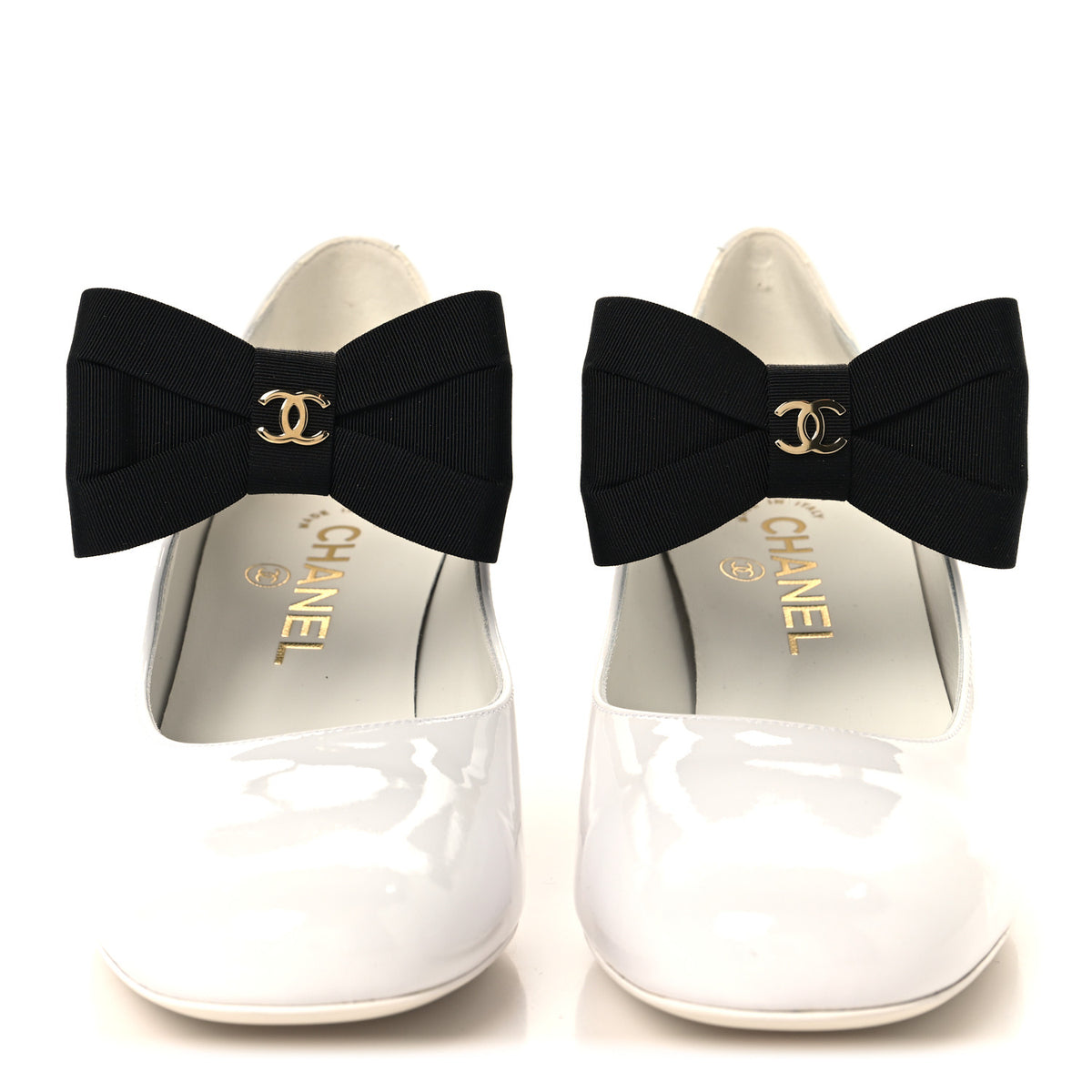 Patent Calfskin Grosgrain Bow Mary Jane Pumps 38.5 White Black