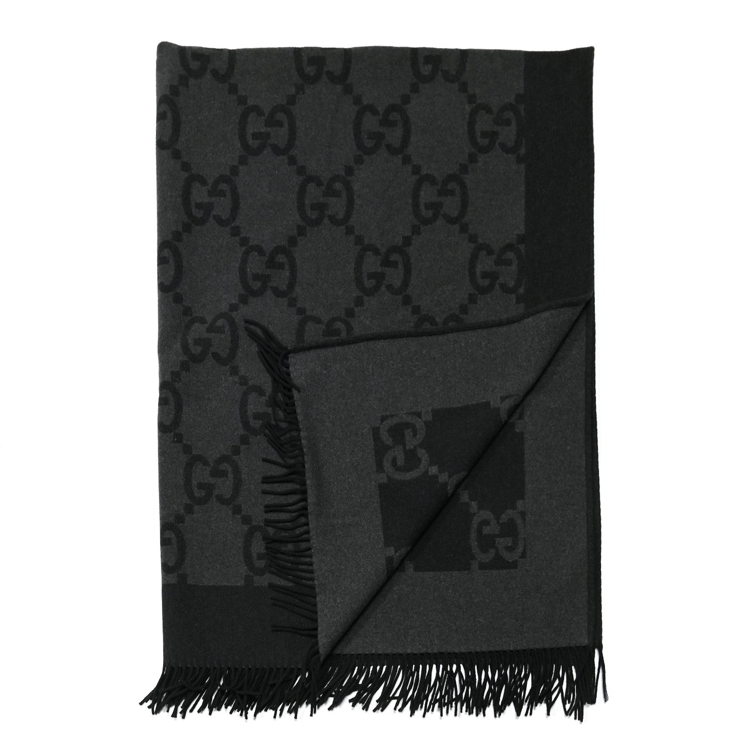 Gucci Wool Cashmere GG Monogram Blanket Grey Black 2 of 3