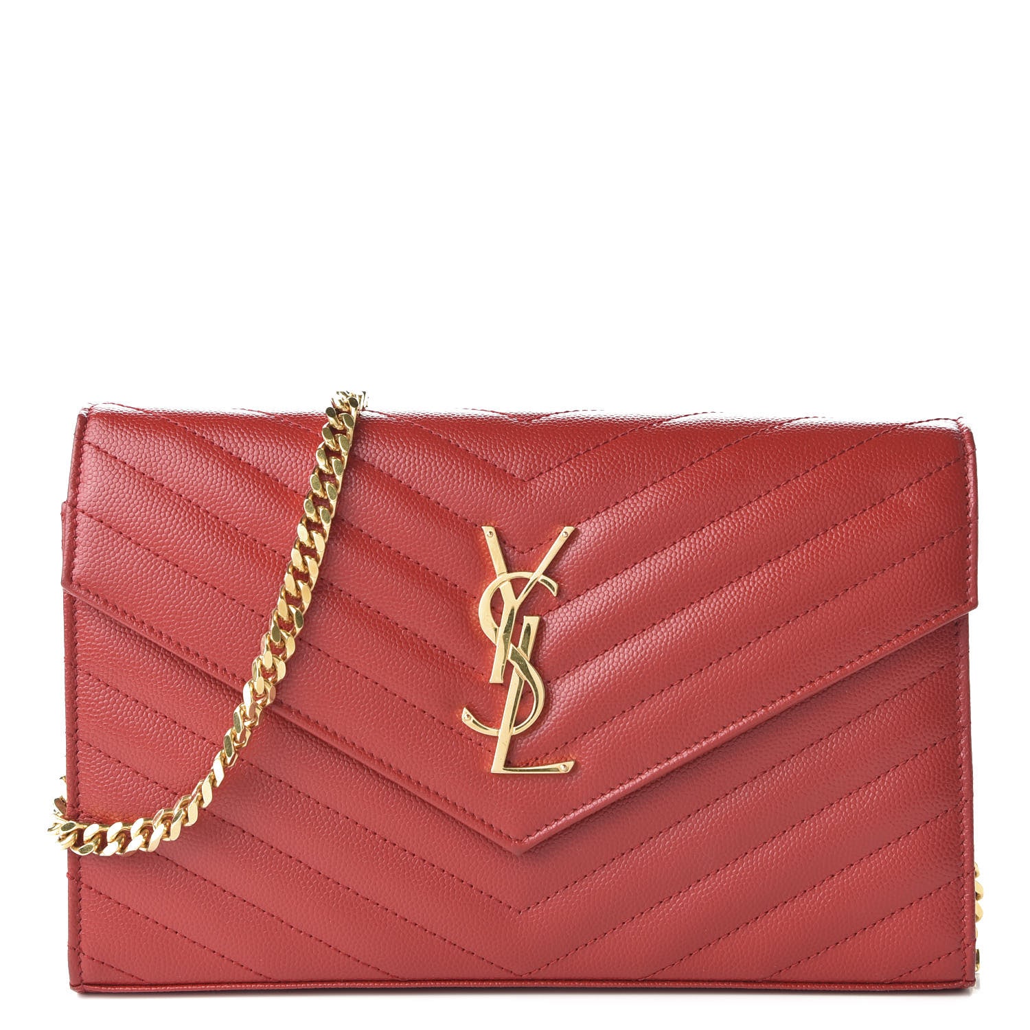 Saint Laurent Grain De Poudre Matelasse Chevron Monogram Chain Wallet Red 1 of 10