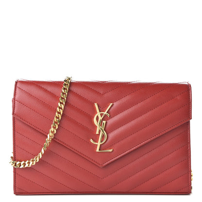 Saint Laurent Grain De Poudre Matelasse Chevron Monogram Chain Wallet Red 1 of 10
