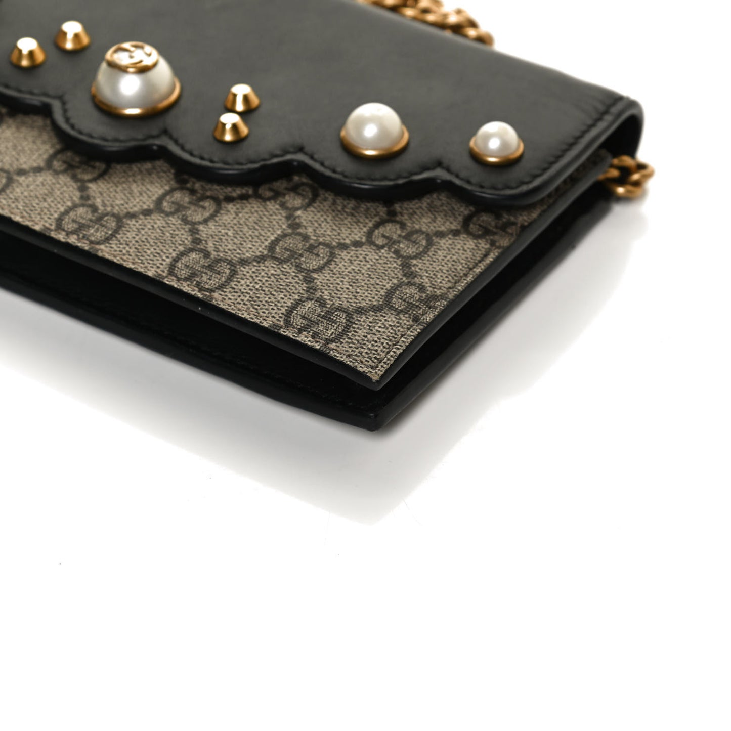 GG Supreme Monogram Mini Peony Pearly Wallet on Chain Black