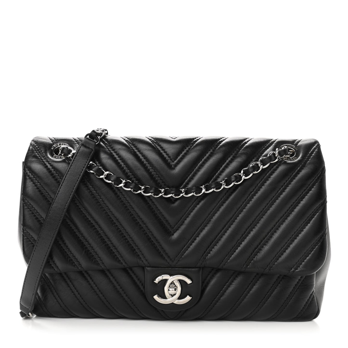 Lambskin Chevron Quilted Double Stitch Jumbo Single Flap Black