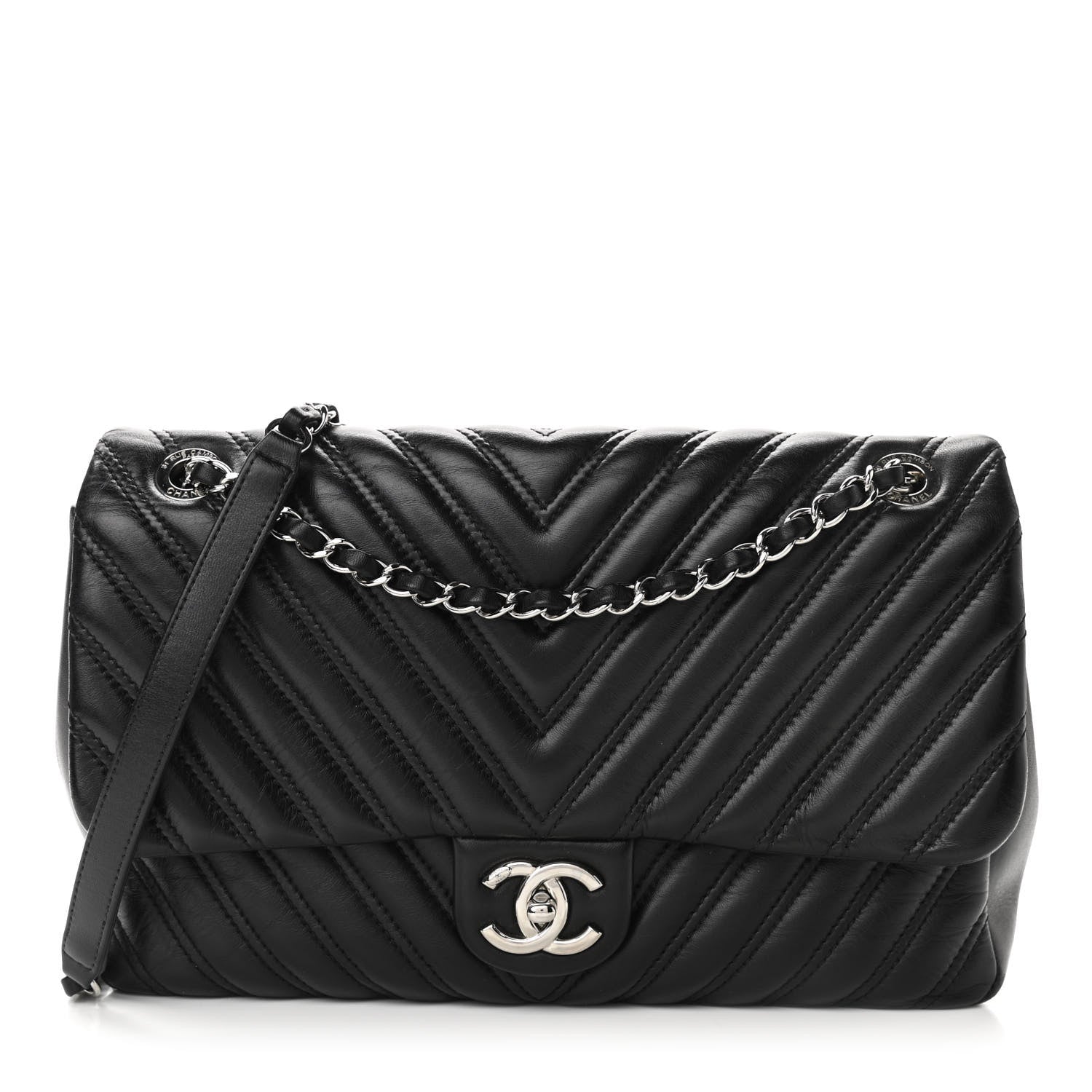 Chanel Lambskin Chevron Quilted Double Stitch Jumbo Single Flap Black 1 of 11