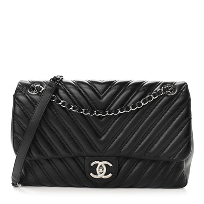 Chanel Lambskin Chevron Quilted Double Stitch Jumbo Single Flap Black 1 of 11