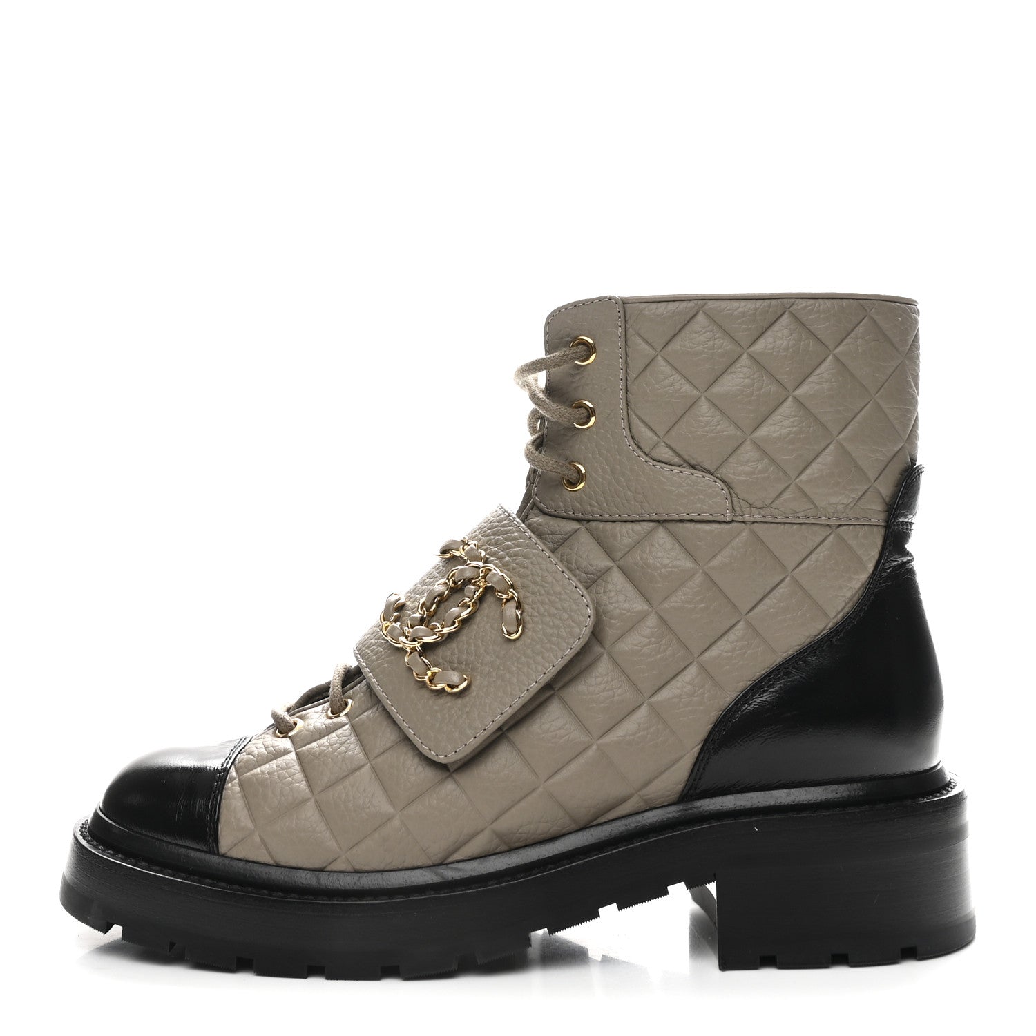 Chanel Calfskin Shiny Calfskin Quilted Lace Up Combat Boots 38 Dark Beige Black 1 of 11