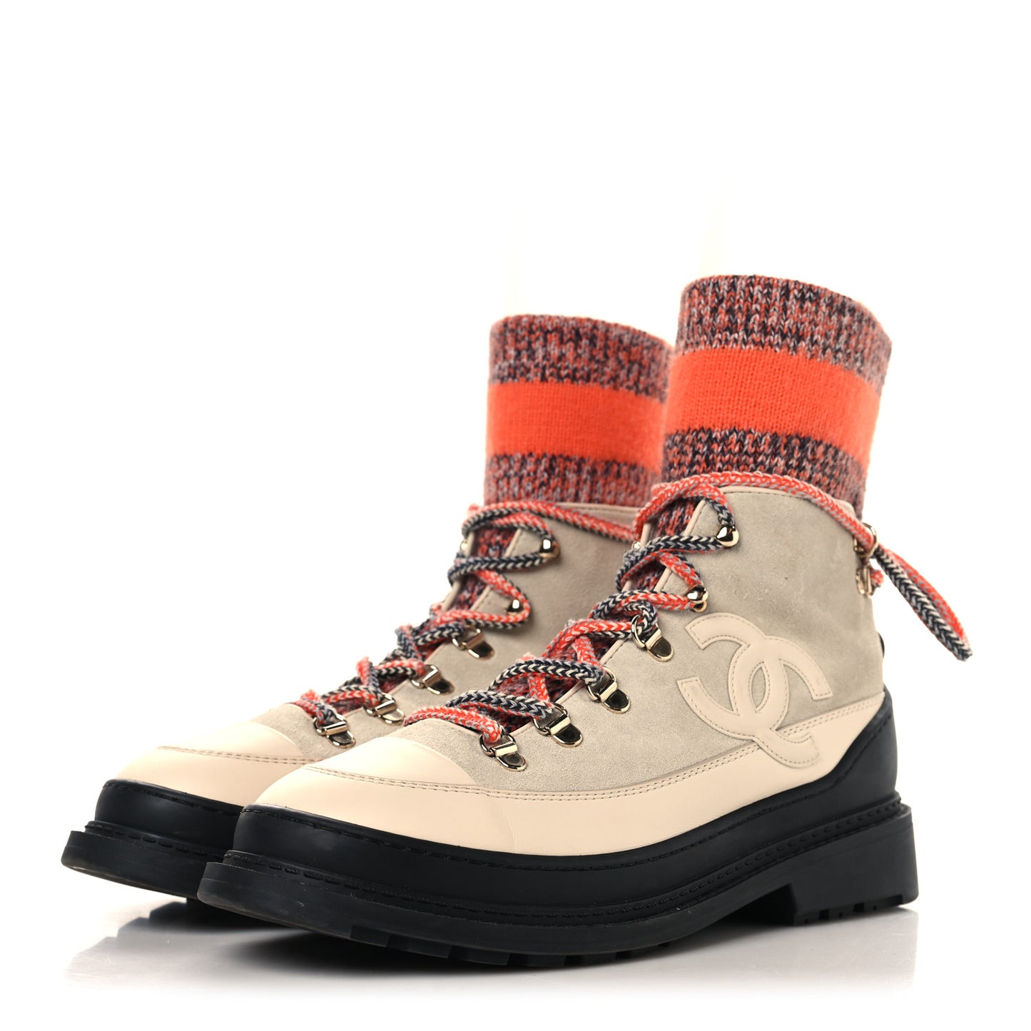 Calfskin Suede Calfskin Knit Womens Sock Lace Up Boots 39 Orange Dark Grey Ivory