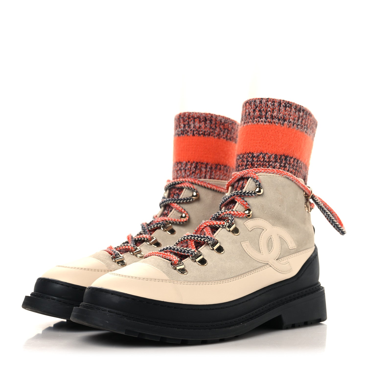Chanel Calfskin Suede Calfskin Knit Womens Sock Lace Up Boots 39 Orange Dark Grey Ivory 4 of 8