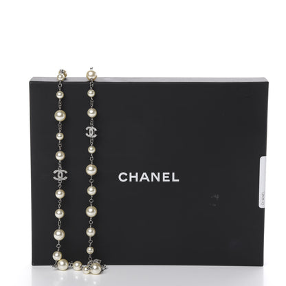 Chanel Graduated Pearl Crystal CC Long Necklace Silver 5 of 5