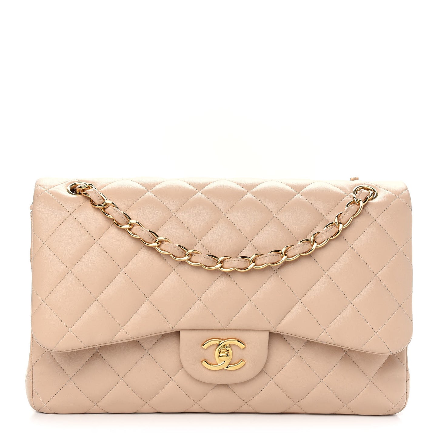 Lambskin Quilted Jumbo Double Flap Beige Clair