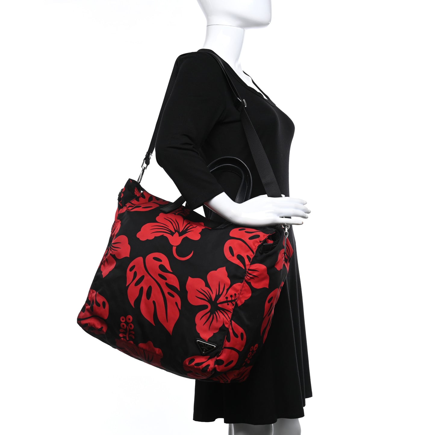 Tessuto Nylon Saffiano Hibiscus Print Tote Black Rosso