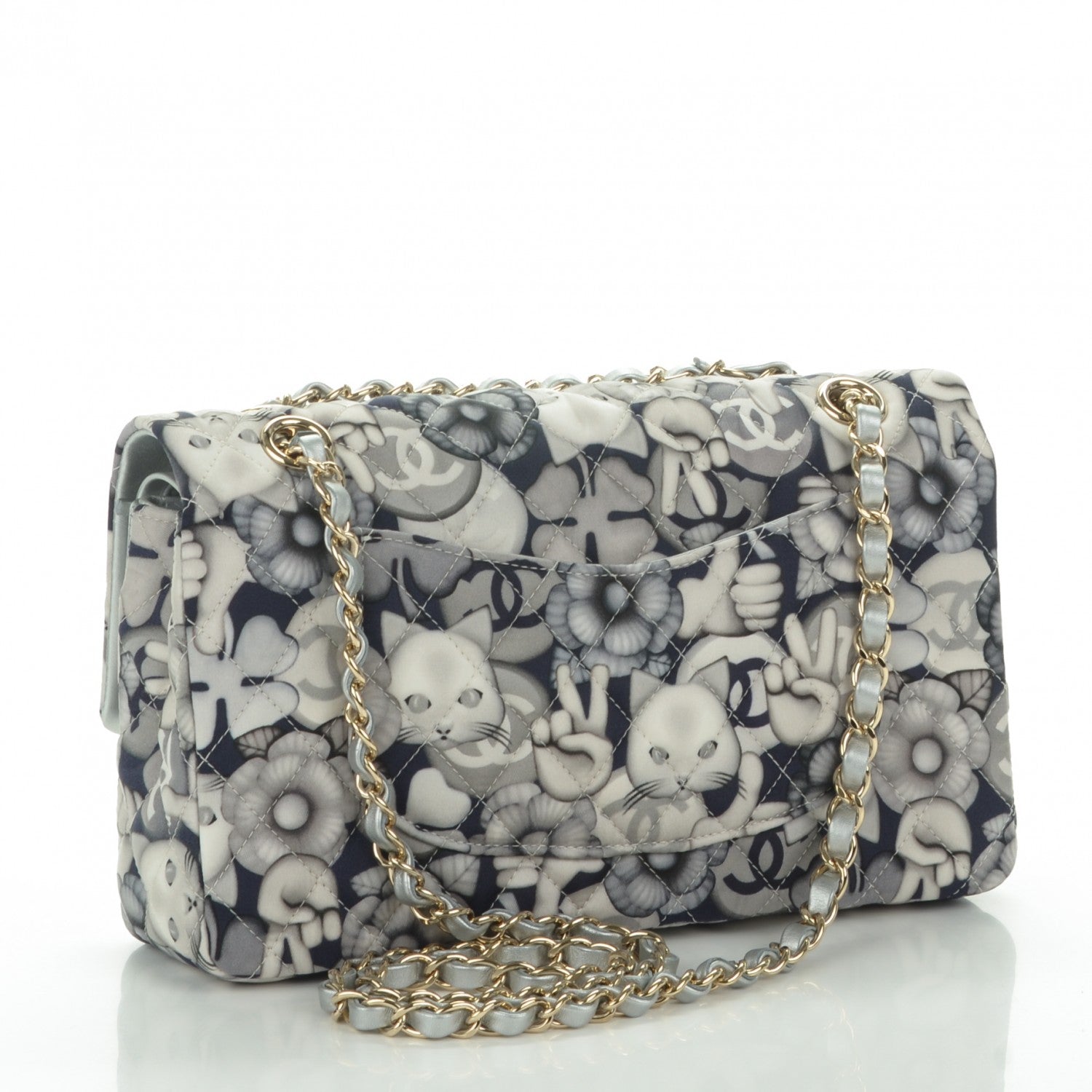 Chanel Nylon Quilted Medium Cat Emoticon Double Flap Navy Grey Ecru 3 of 7