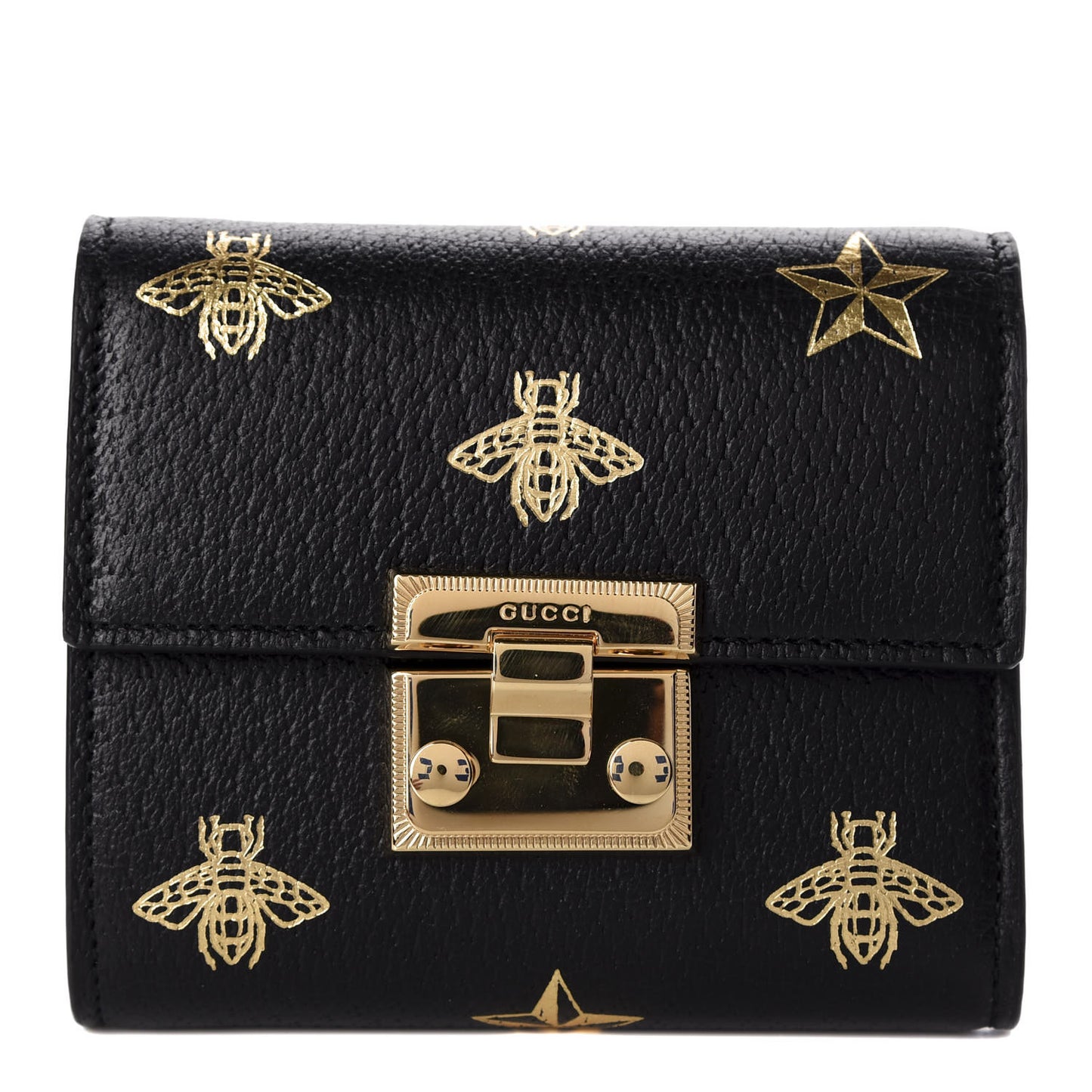 Calfskin Bee Star Print Padlock Wallet Black