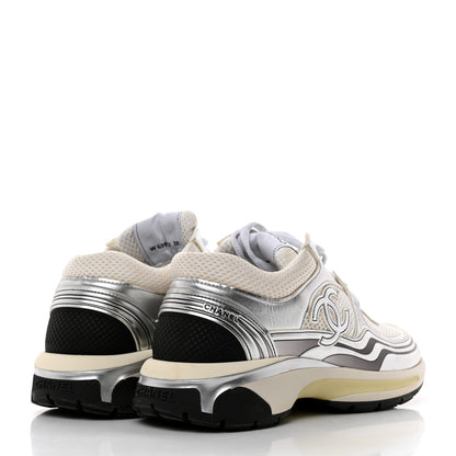 Chanel Fabric Laminated Calfskin Stretch CC Womens Sneakers 38.5 White Silver 4 of 11