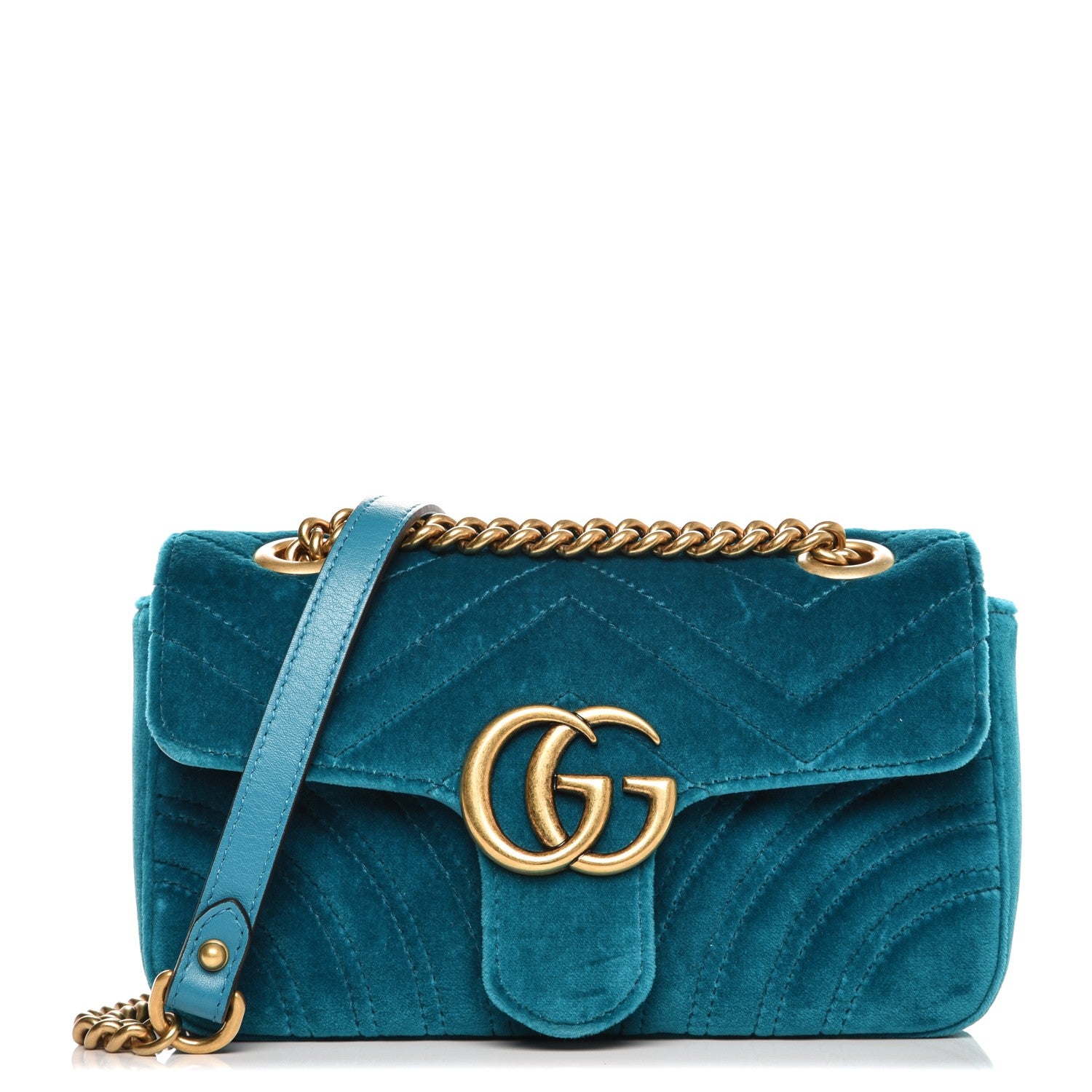 Gucci Velvet Matelasse Mini GG Marmont Shoulder Bag Pavone Cyan 1 of 7