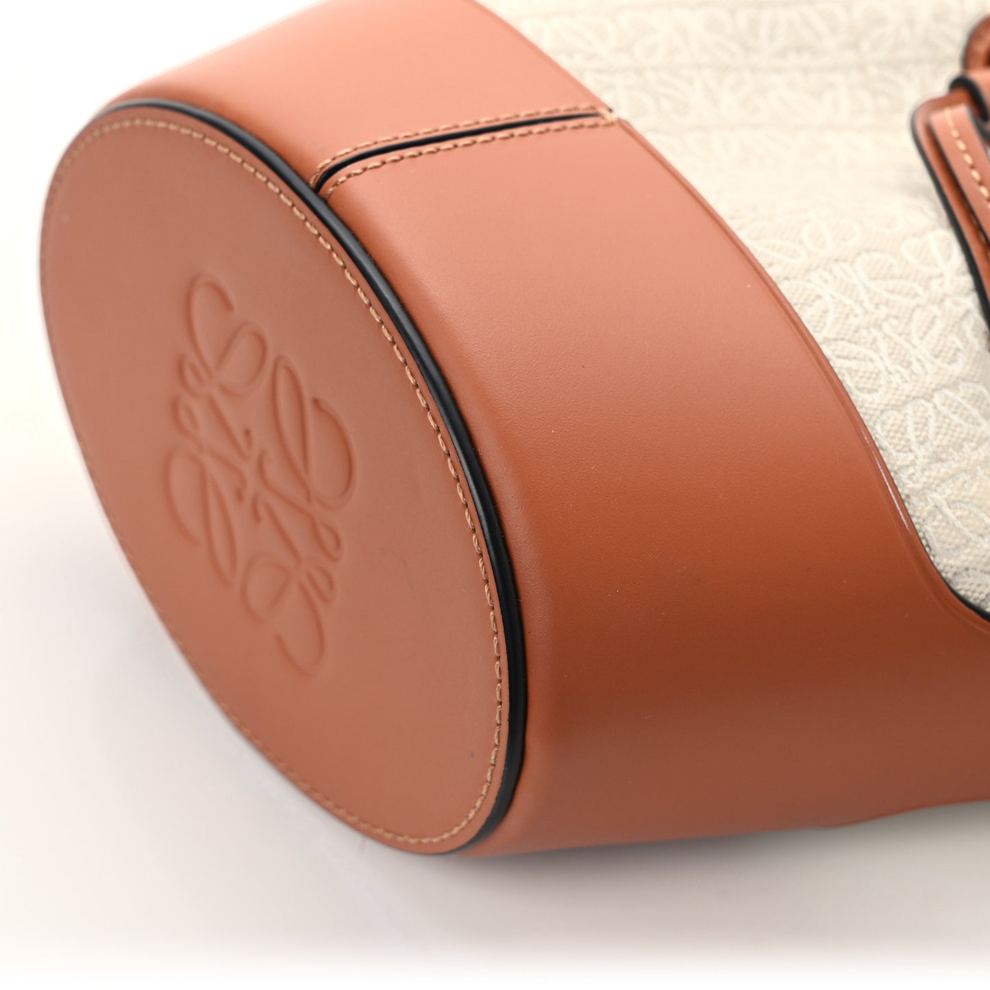 Calfskin Jacquard Linen Anagram Embroidered Mini Balloon Bucket Bag Ecru Tan