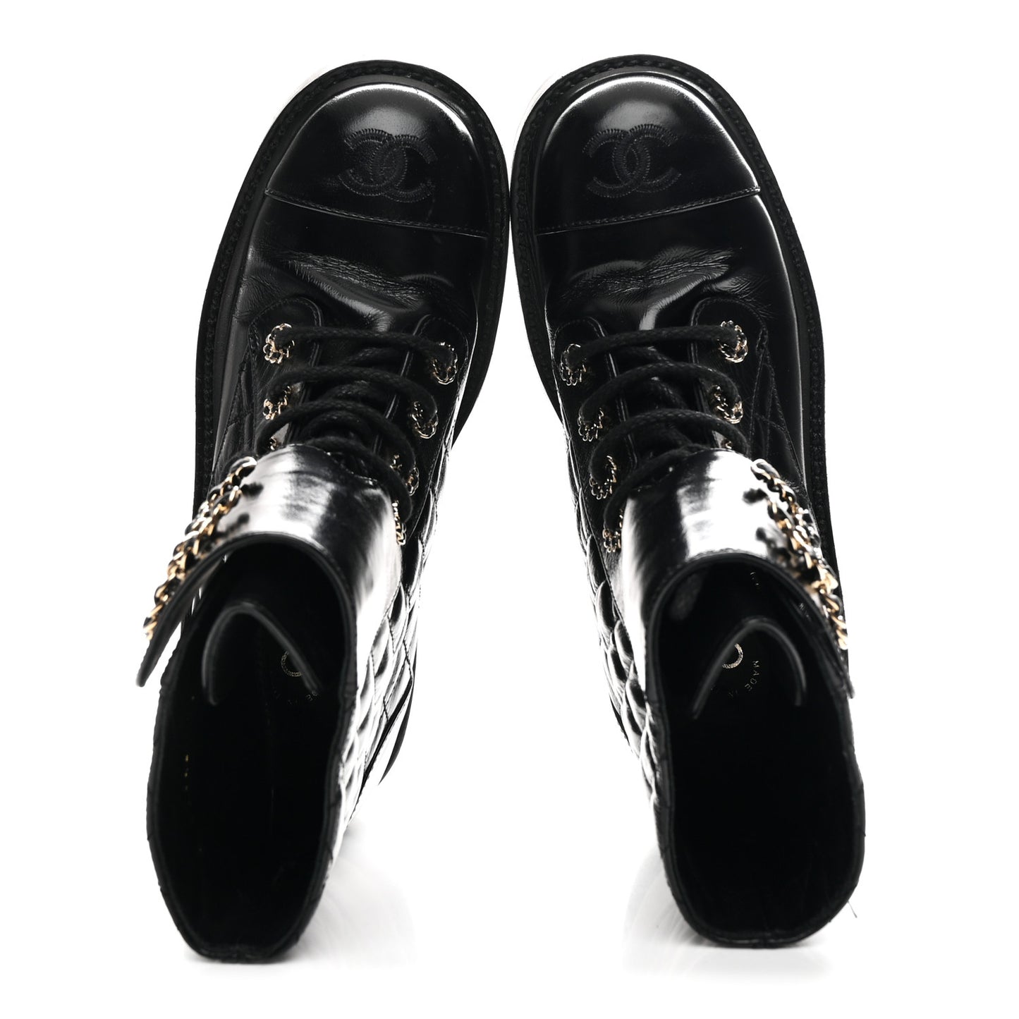 Shiny Calfskin Quilted Lace Up Combat Boots 36 Black