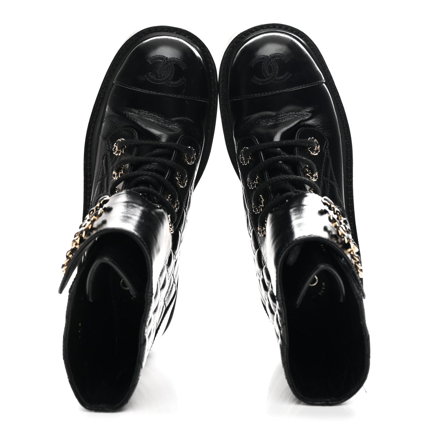 Chanel Shiny Calfskin Quilted Lace Up Combat Boots 36 Black 2 of 10