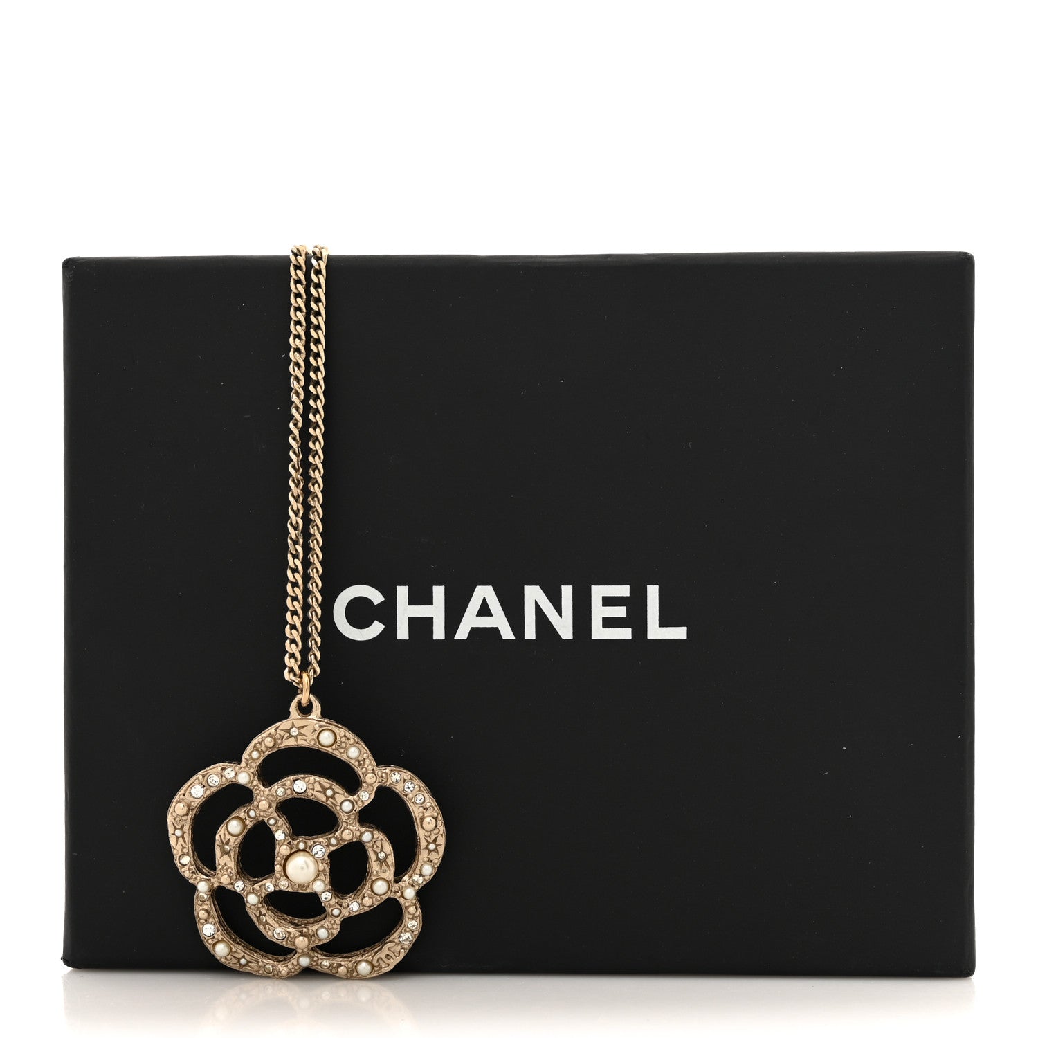 Chanel Pearl Crystal Large Camellia Pendant Necklace Light Gold 5 of 5