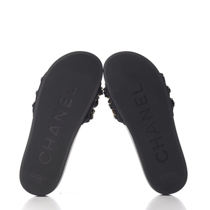 Chanel Satin Canvas Chain Slides Sandals Flats 40 Marine 6 of 11