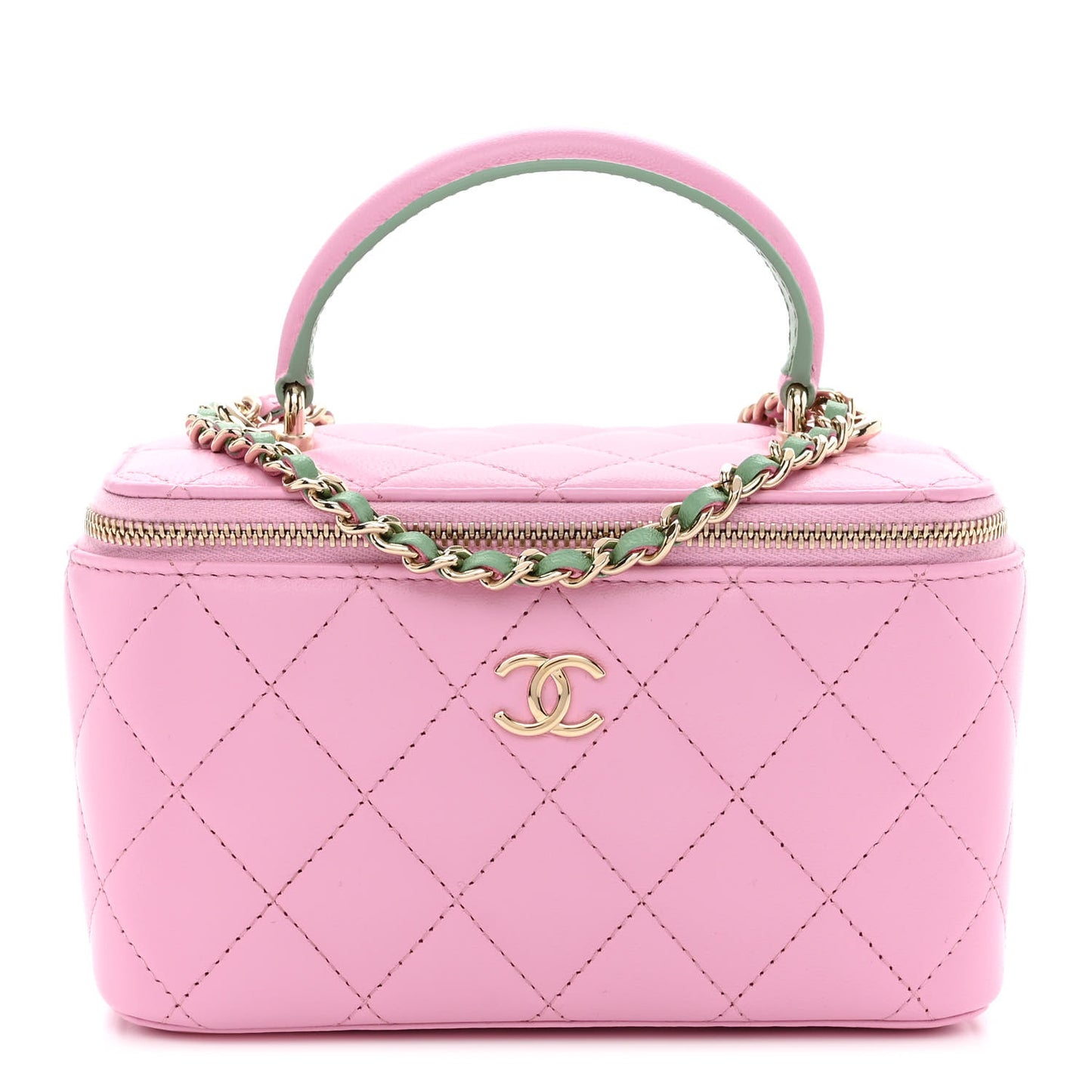 Lambskin Quilted Small Top Handle Vanity Case With Chain Lilac Light Green