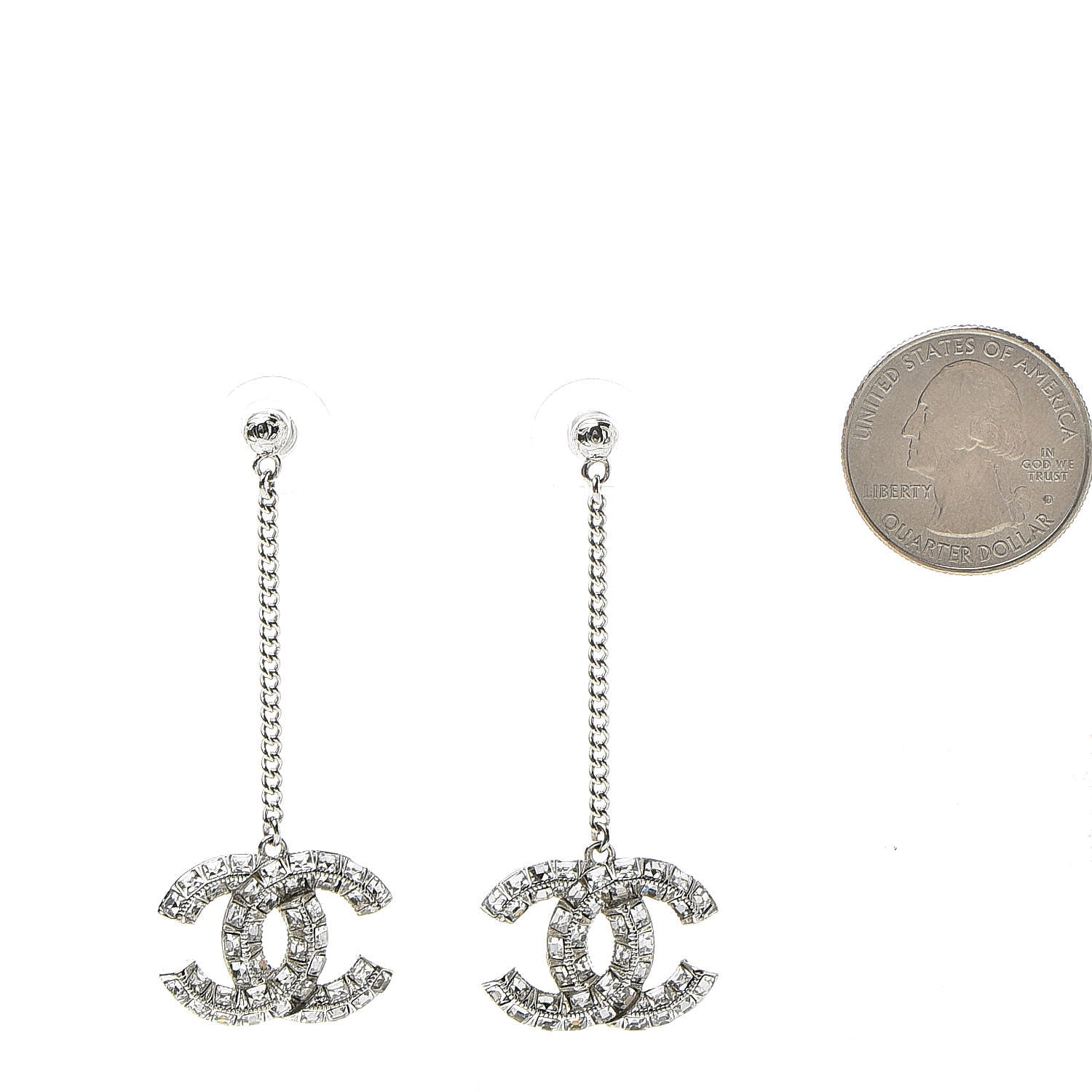 Chanel Baguette Crystal CC Drop Earrings Silver 2 of 5