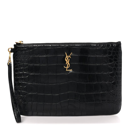 Saint Laurent Calfskin Crocodile Embossed Tablet Pouch Black 8 of 9