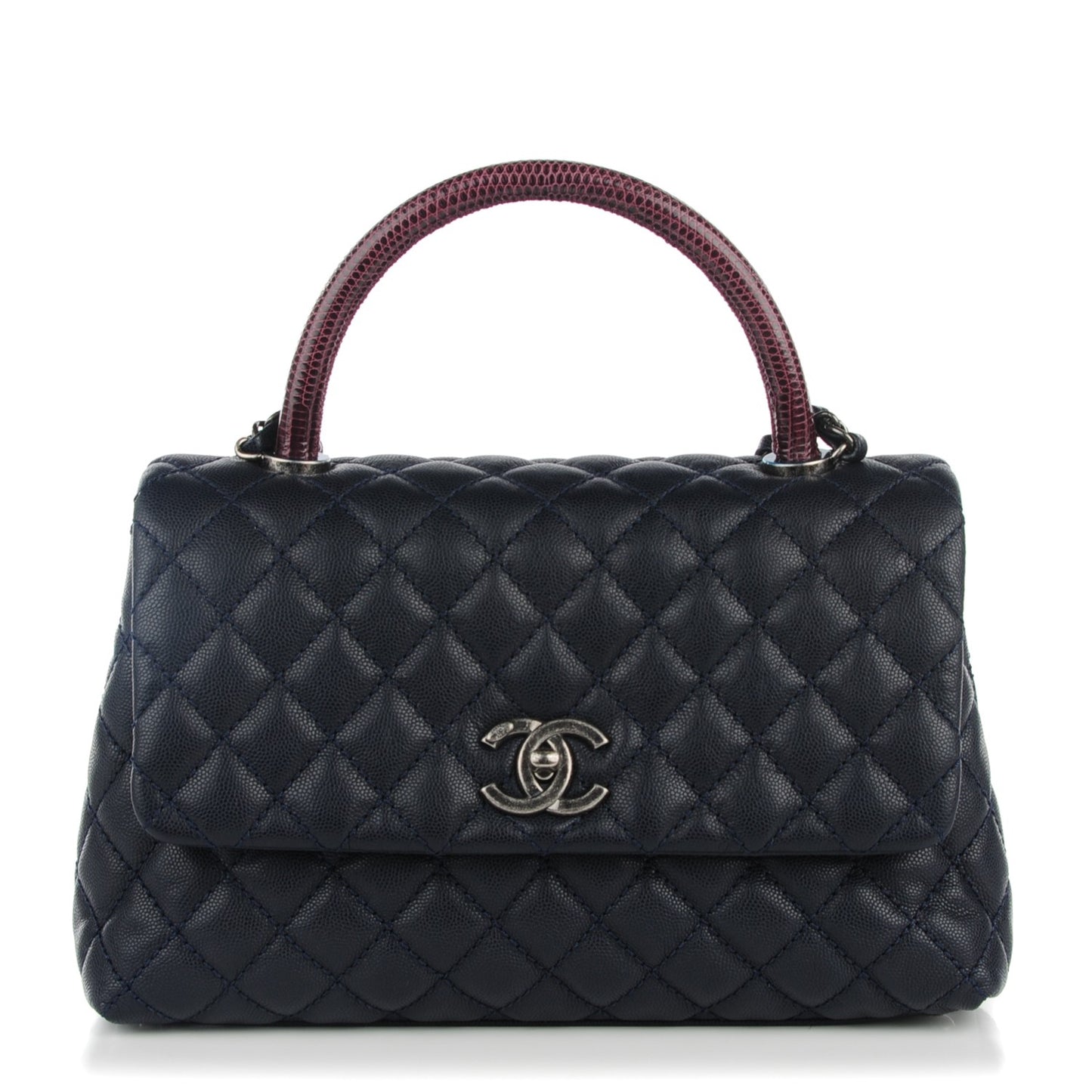 Caviar Lizard Quilted Small Coco Handle Flap Navy
