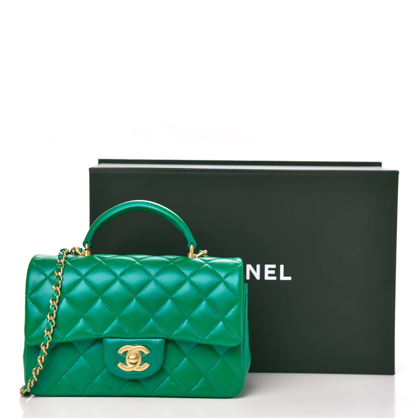 Iridescent Lambskin Quilted Mini Top Handle Rectangular Flap Green