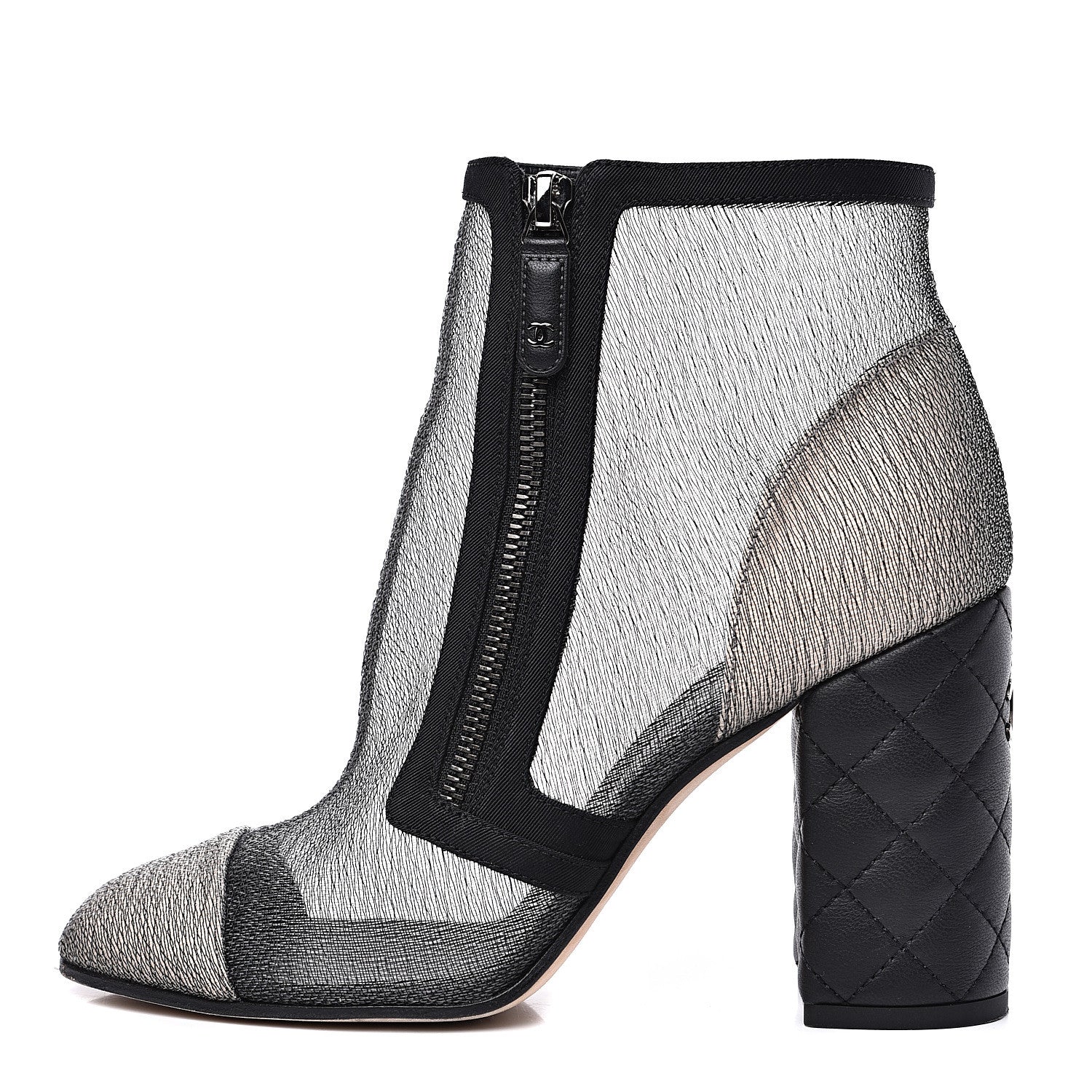 Chanel Mesh Grosgrain Cap Toe Short Boots 38 Grey Black 1 of 9