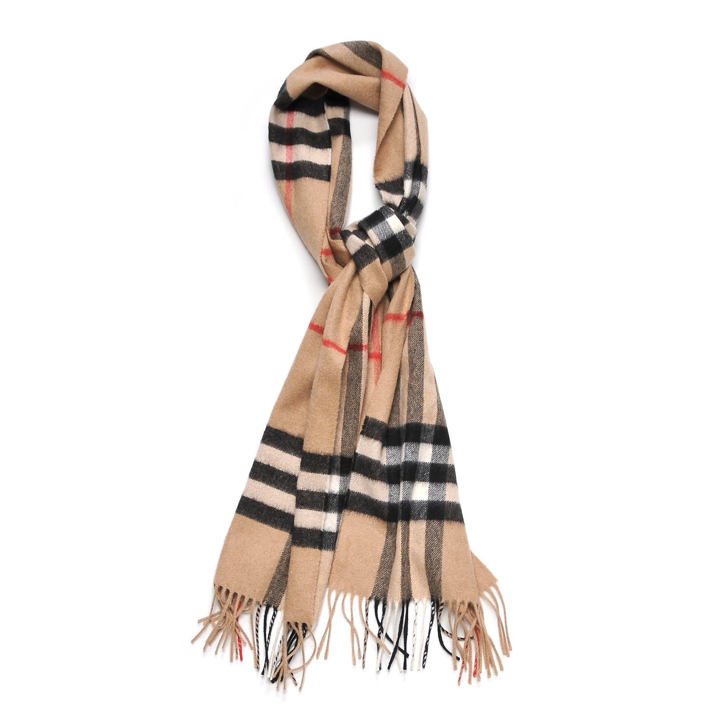Cashmere Giant Heritage Check Fringe Scarf Camel