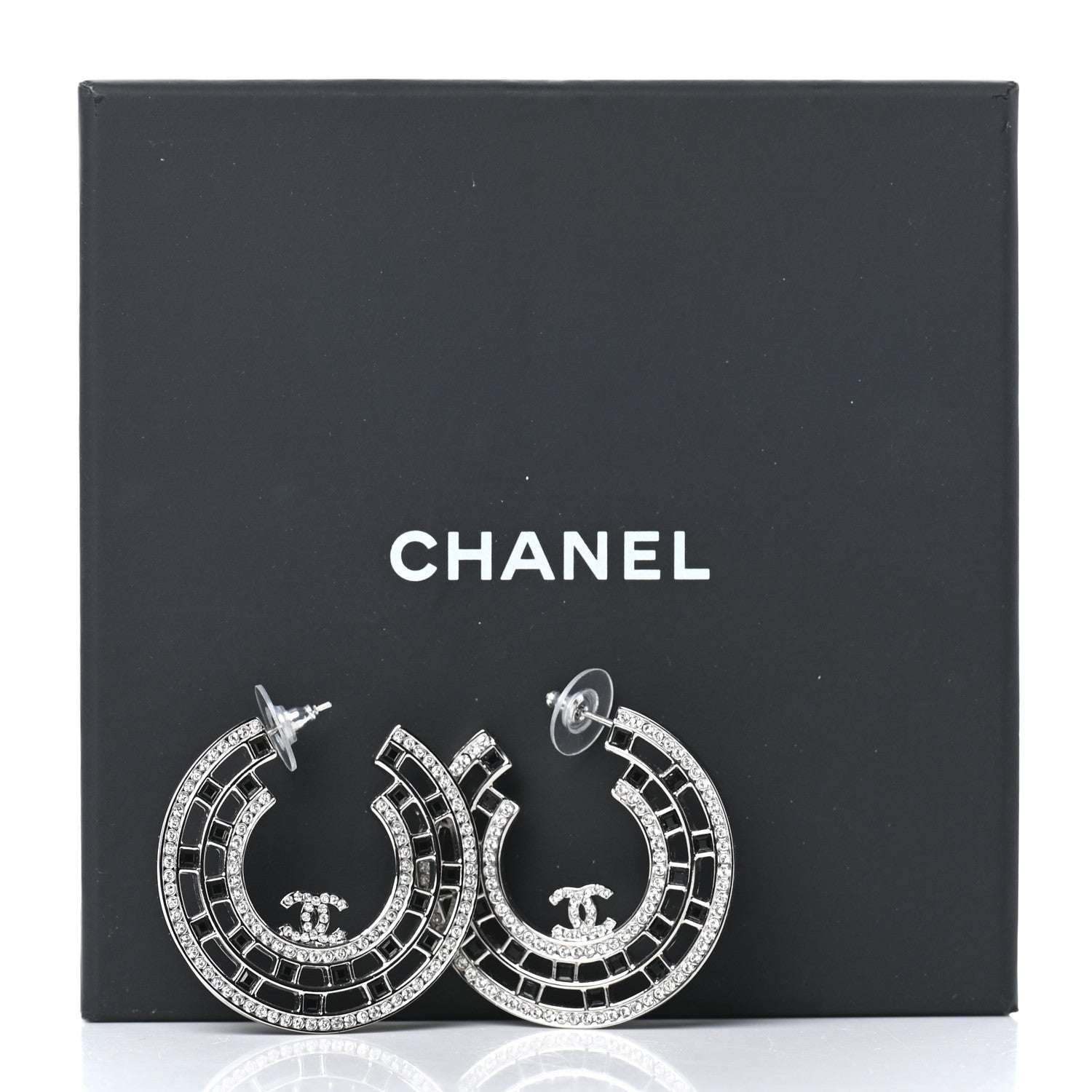 Chanel Baguette Crystal CC Hoop Earrings Silver Black 6 of 6