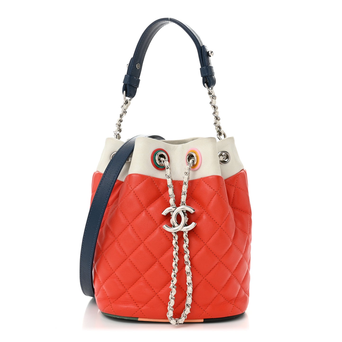 Lambskin Quilted Cuba Drawstring Tote Red White Blue