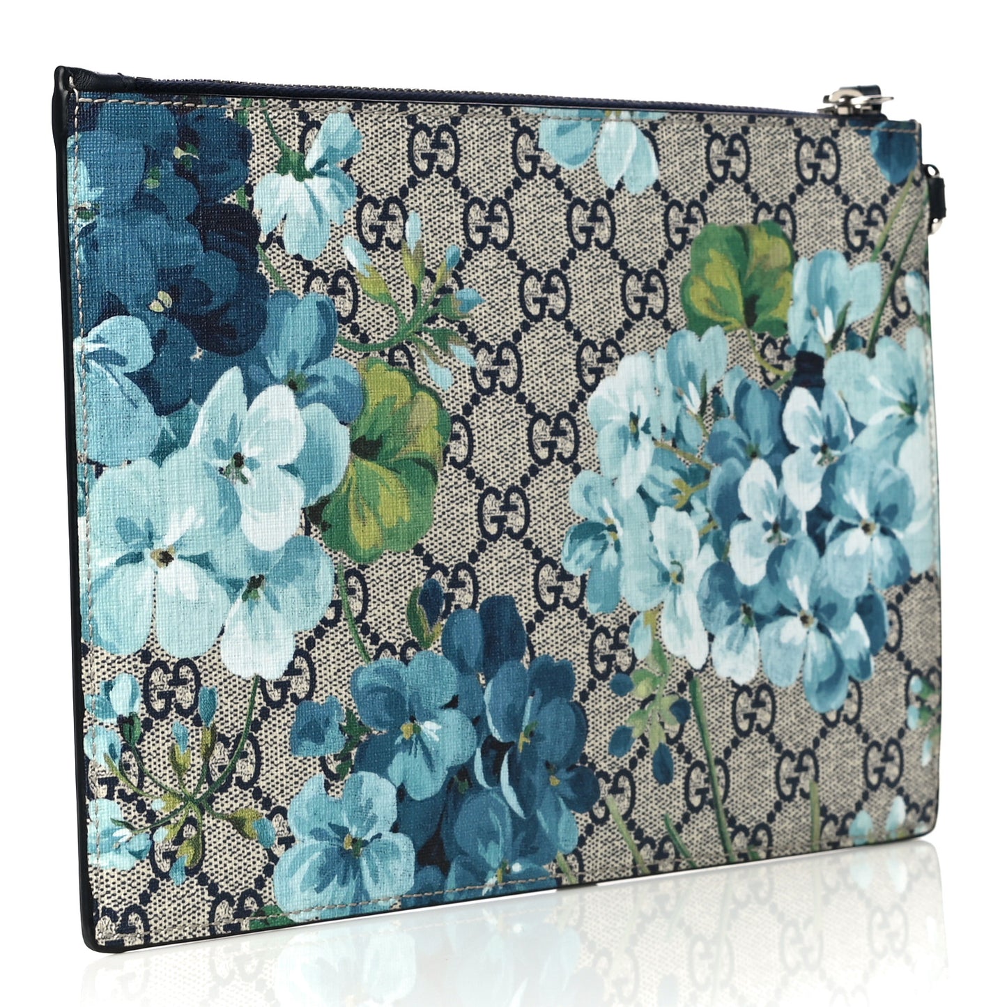 GG Supreme Monogram Blooms Small Zip Wristlet Pouch Beige Blue Black