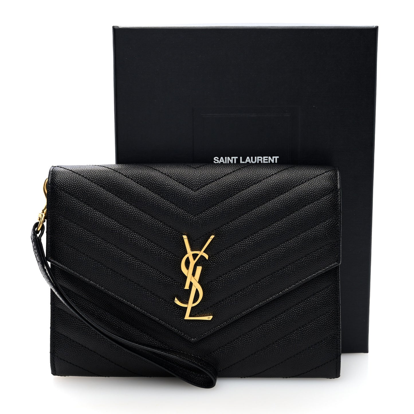 Grain De Poudre Matelasse Chevron Monogram Envelope Clutch Black