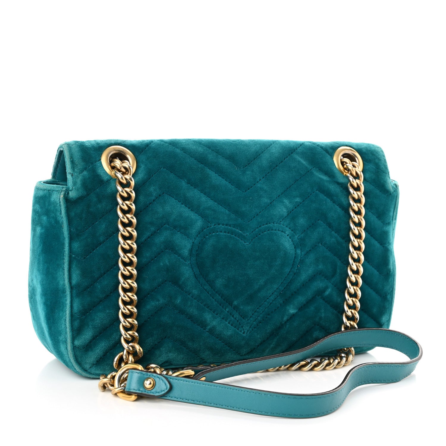 Gucci Velvet Matelasse Embroidered Small GG Marmont Shoulder Bag Pavone Cyan 3 of 12