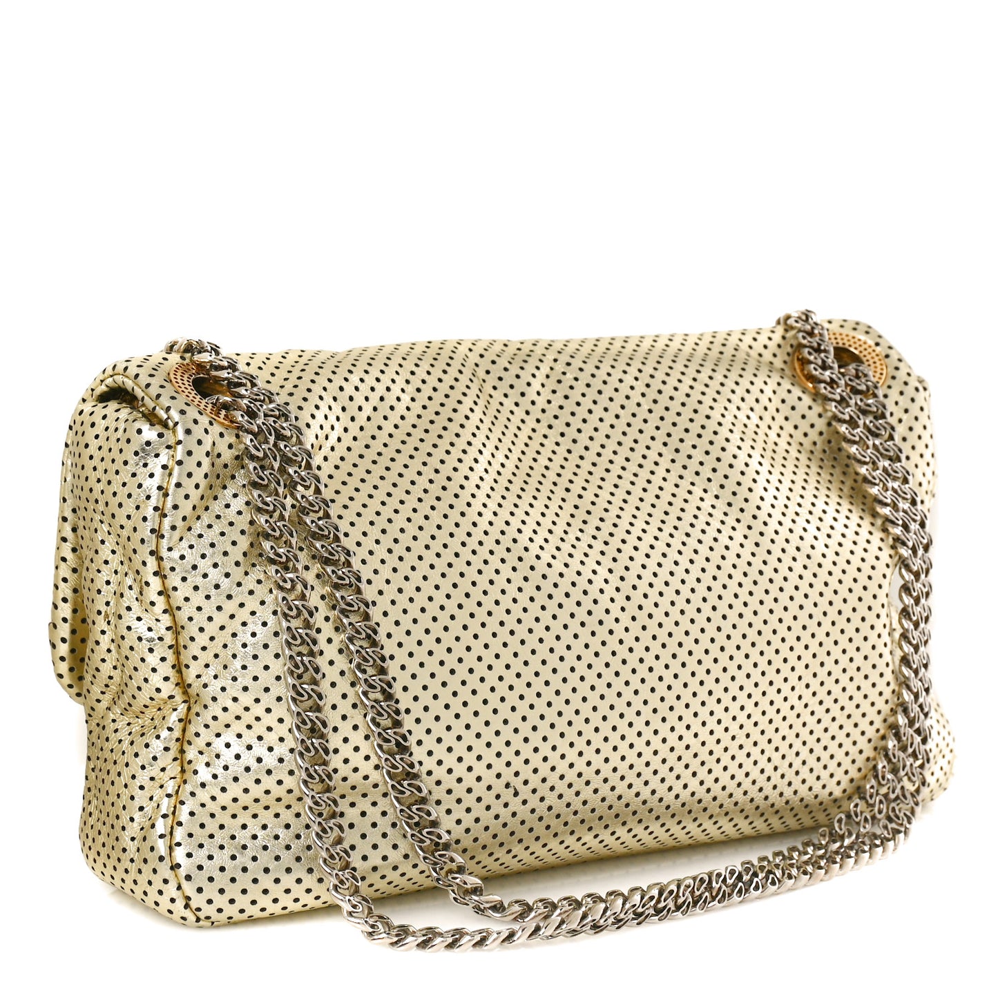 Metallic Crackled Calfskin Perforated Large Drill Flap Gold