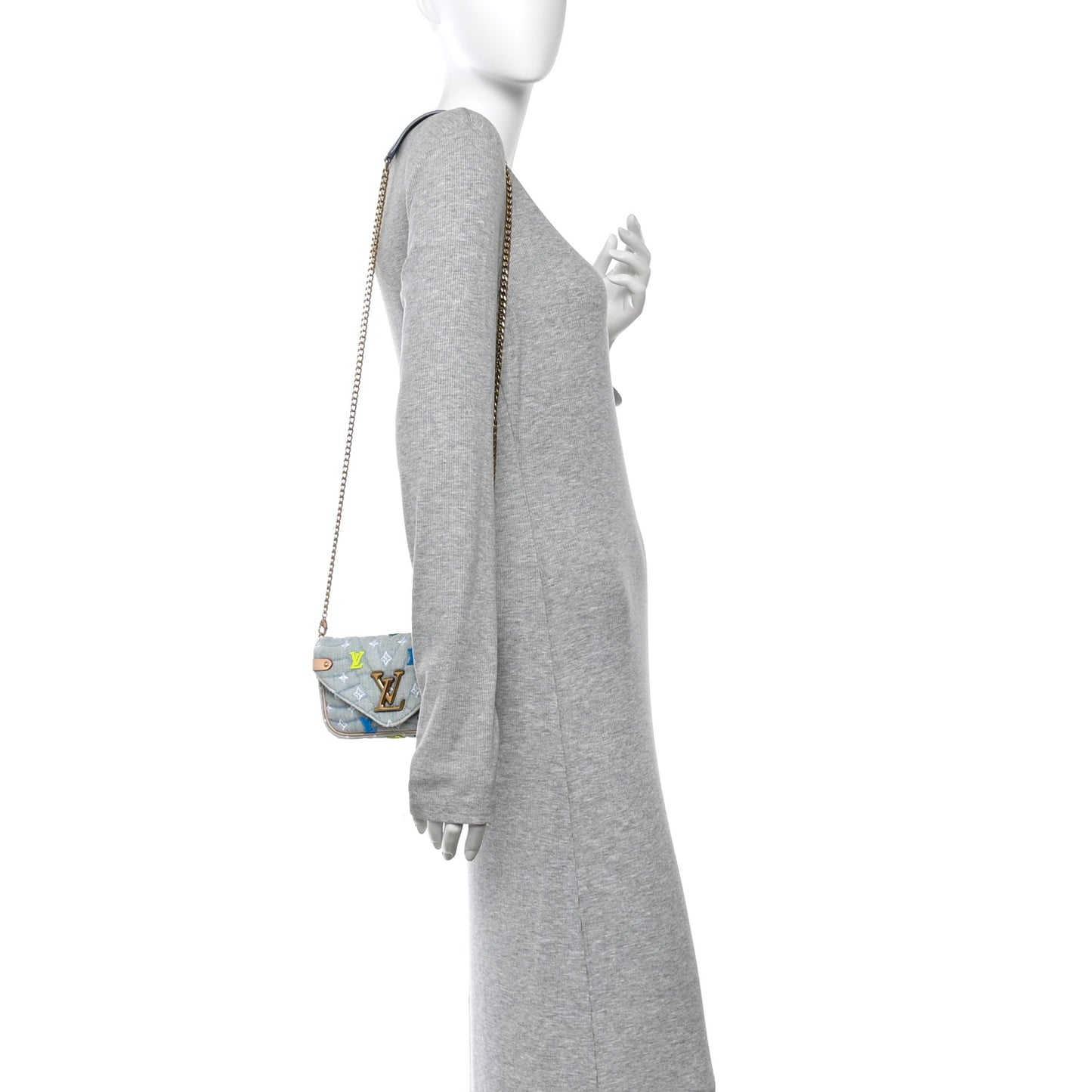 Embroidered Monogram Denim New Wave Chain Pochette Blue