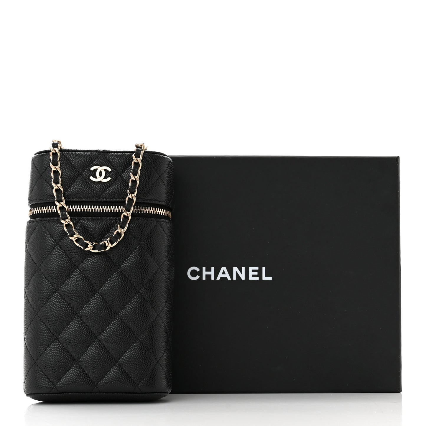 Caviar Quilted Phone Holder With Chain Black