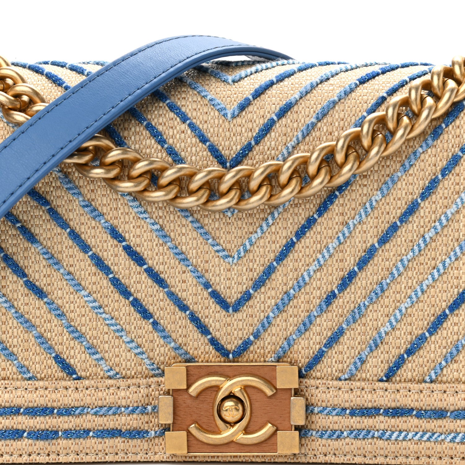 Chanel Cotton Canvas Calfskin Chevron Embroidered Medium Boy Flap Beige Blue 8 of 10