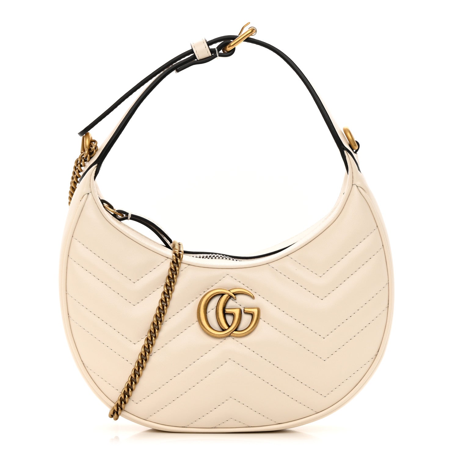 Gucci Calfskin Matelasse Chevron Mini GG Marmont Half Moon Hobo Mystic White 1 of 15