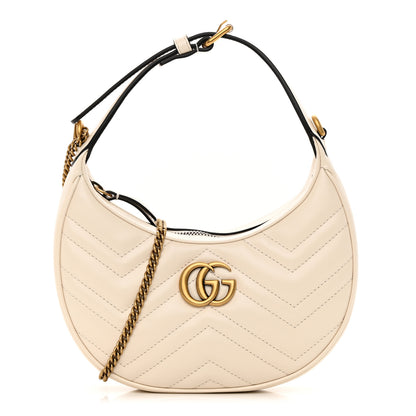 Gucci Calfskin Matelasse Chevron Mini GG Marmont Half Moon Hobo Mystic White 1 of 15