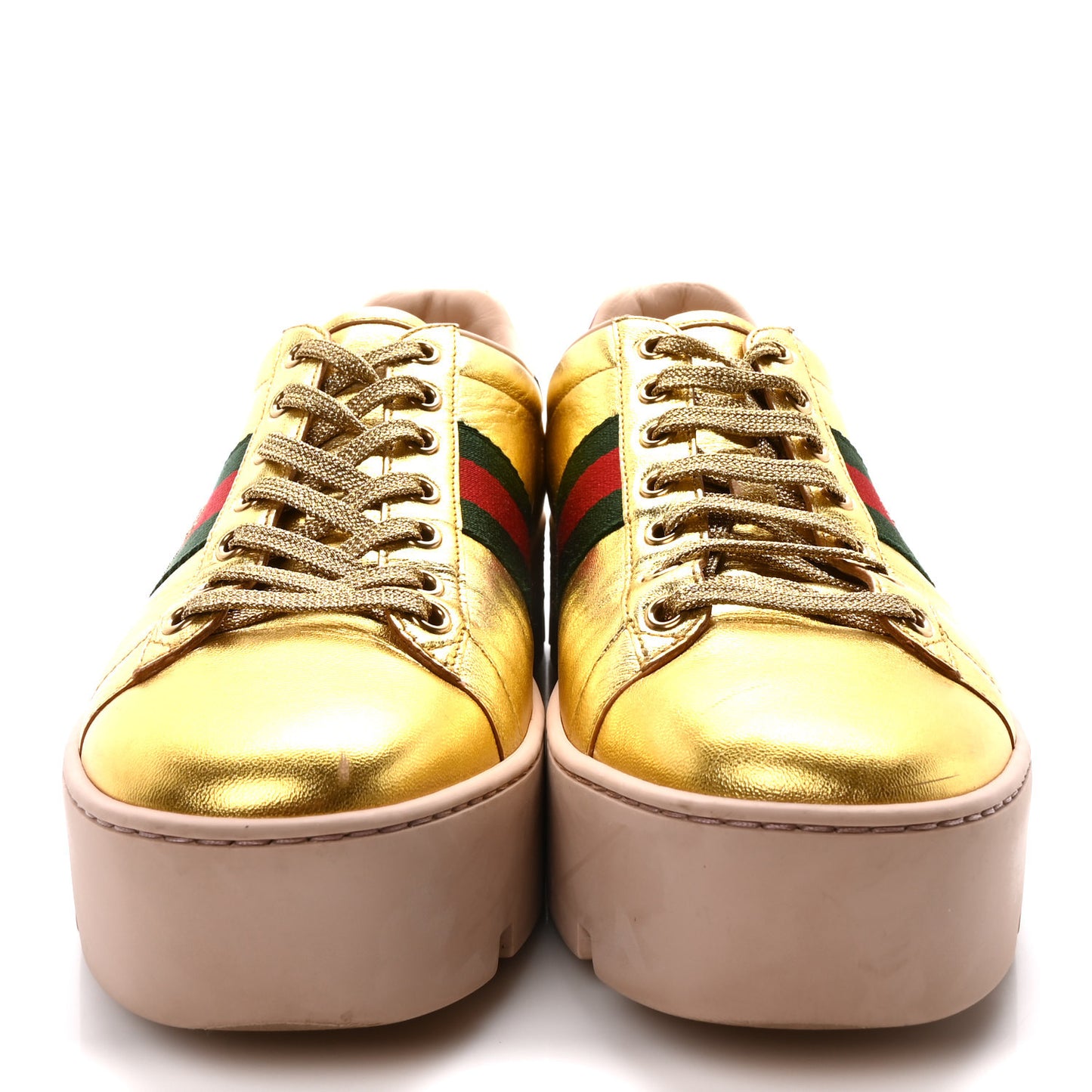 Metallic Nappa Web Bee Embroidered Womens Ace Platform Sneakers 38.5 Gold