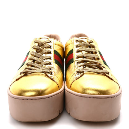 Gucci Metallic Nappa Web Bee Embroidered Womens Ace Platform Sneakers 38.5 Gold 3 of 8