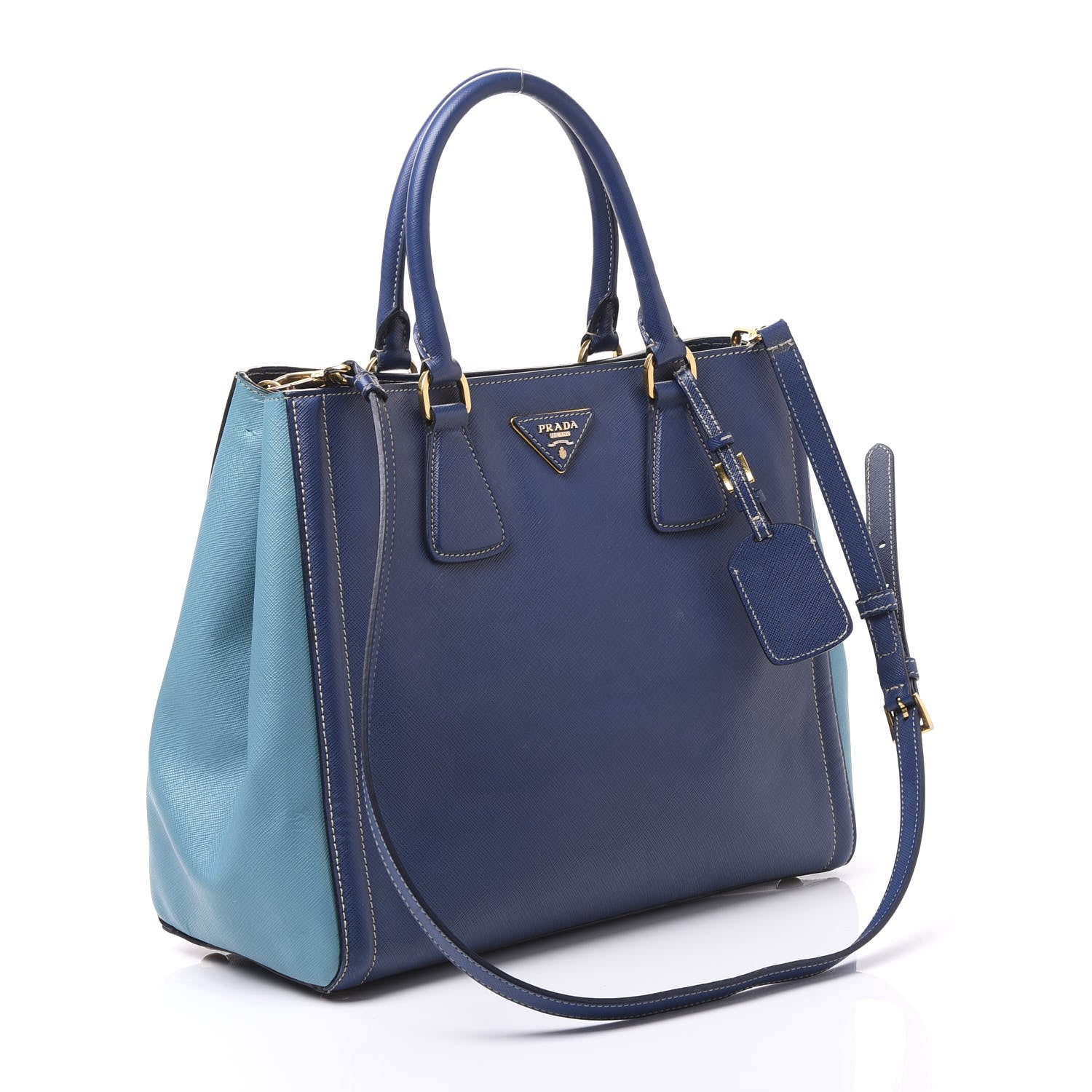 Prada Saffiano Lux Medium Bi-Color Tote Bluette Turchese 2 of 9